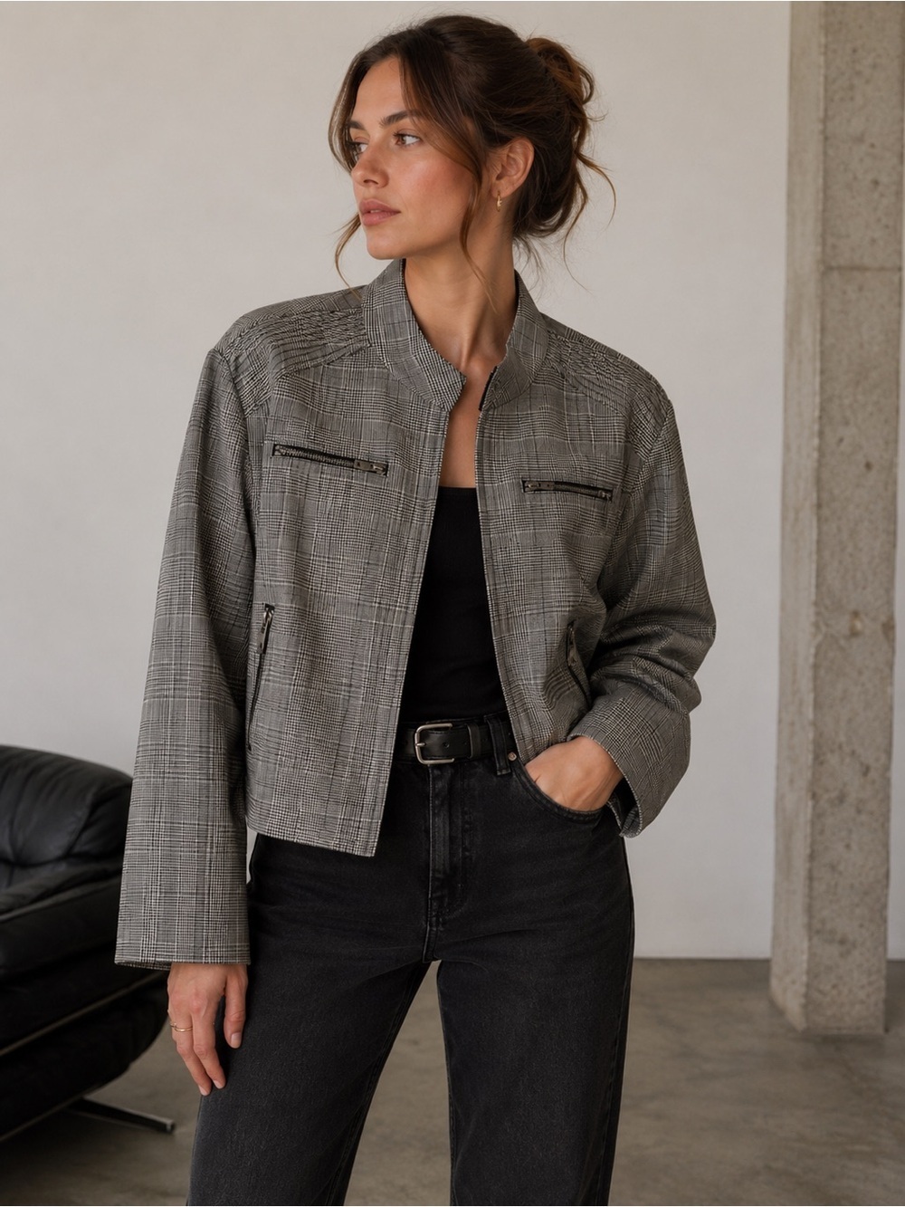 Chico's Black and White Houndstooth Jacket Size 2 Oversized Moto Fall Vintage